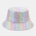 Detailed view of holographic iridescent bucket hat with vertical striped texture and shine - Iridescent Pink