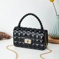 Glossy black quilted PVC crossbody bag with gold twist lock and elegant chain strap - Black