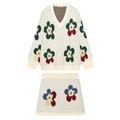 Ensemble en tricot deux pièces avec pull col V et jupe courte aux motifs de tournesols - S / Blanc Cassé