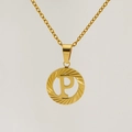 18K gold plated stainless steel sunburst necklace with round letter P pendant - Letter P