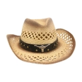 Vintage straw cowboy hat with cutout weave, gradient brim, and bull head metal badge - Distressed Gradient Khaki (Black Leather Band with Bull Head)