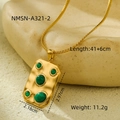 Gold plated stainless steel necklace with green stones and hammered rectangle pendant - Necklace-Green Stone(NMSN-A321-2) / Gold
