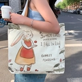 Sac fourre-tout en toile blanc cassé avec illustration de lapin et anses marron tissées - Lapin de Lune - Beige