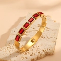 Gold titanium steel bangle with rectangular red zircons for women fashion style - Square Red Zirconia Style (R809) / Gold