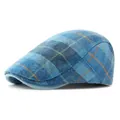 Classic blue plaid wool flat cap with vintage British style for men and women - Adjustable / Lake Blue