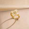 Golden open ring with four-leaf clover design, white mother-of-pearl and diamonds - Gold White Open Ring