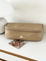 Minimalist khaki rectangular leather makeup bag with gold logo and zipper closure - Brown