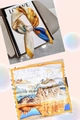 Silky square scarf with traditional landscape painting and ginger yellow borders - Landscape Painting