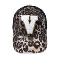 Leopard print trucker hat with V letter patch and gold sequins on a vintage mesh cap - Letter V (Black Leopard)