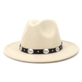 Detail of cream wool fedora hat featuring black belt with silver embossed metal medallions - Beige