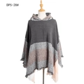 Women's plaid hooded poncho with fringe in grey, beige, and pink striped knit fabric - Deep Gray Pink