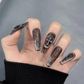 Handgefertigte schwarze Punk-Nägel zum Aufdrücken mit Silberglitzer und Kreuz - Extra Klein (XS) / Schwarzer Punk Stil