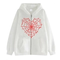 White zip-up hoodie featuring a bold red heart spider web graphic print on the front - White (Red Spider Web Heart)