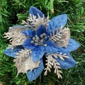 Detailed view of blue and silver artificial poinsettia with glitter on Christmas tree - Blue Silver