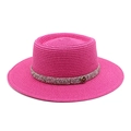 Detailed texture of rose red boater straw hat with rhinestone band and gold M badge - M (56-58cm) / Rose Red