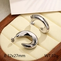 Polished silver C-shaped stainless steel hollow hoop earrings in a wooden jewelry box - Large Steel