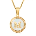 Detail of 18K gold letter M pendant with shell inlay and beaded round edge design - Gold Letter M