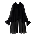 Abito elegante in chiffon nero con fiocco al collo e maniche a volant estivo - S / Nero