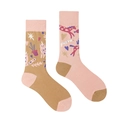 Asymmetric cotton crew socks in camel and pink with artistic cat and unicorn patterns - Pink Camel Mismatched