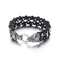 Braided black leather bracelet with silver stainless steel wolf head clasp in punk style - Wolf Style (KB44130-D)