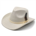 Detail of light beige suede cowboy hat with stylish feather accent and decorative cord - M (56-59cm) / Beige