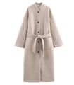 Detailed close-up of wool coat featuring a waist tie belt and premium black buttons - XS / Khaki