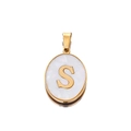 Macro detail of oval 22mm gold letter S pendant with white shell texture inlay - Gold Letter S