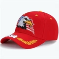 Detailed embroidery of American flag eagle and USA logo on red cotton baseball cap - Red