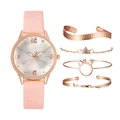 Orologio da donna con cinturino in pelle rosa e set di quattro bracciali in oro rosa - Rosa + Braccialetto