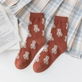 Caramel mid-calf socks featuring beige cartoon bear patterns in a sweet collegiate style - Coffee All-over Bear