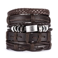 Detail of five-piece dark brown braided leather and metal bracelet set for men - Dark Brown Metal Ring Set