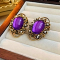 Vintage gold-plated floral earrings with oval purple gemstone and pearl accents - 105 Ear Clip-Purple Pearl Oval