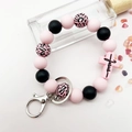 Pink and black leopard silicone bead wristlet keychain with Jesus cross pendant - Light Pink