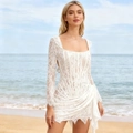 Robe courte blanche à manches longues en dentelle avec corset et encolure carrée chic - XS / Blanc