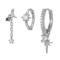 Three-piece silver earring set with blue zircons featuring moon and star designs - 3-Piece Star Moon Meteor Set (TZ00411钯白k) / Silver