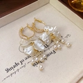 Elegant gold drop earrings with white flower petals and long pearl tassels - Gold-Shell (Style 16)