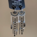 Close-up of 925 silver long tassel earrings with black beads and crystal water drops - Fan Shape Fringe / Black (Silver Needle Flower)
