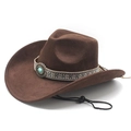 Dark brown wool felt western cowboy hat with ethnic turquoise beaded band and wind cord - M (56-58cm) / Brown