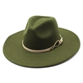 Detail of dark green wool fedora hat with beige leather strap and gold metal buckle - M (56-58cm) / Army Green
