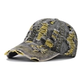 Berretto da baseball vintage in denim lavato con dettagli strappati e cuciture gialle - Regolabile / Giallo Distressed