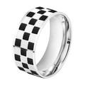 Bague large à damier noir et blanc moderne en acier inoxydable plaqué or 14 carats - Taille US 6 / Bague Émail Damier Couleur Acier