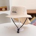 Detail of kids sun hat with neck flap, breathable mesh, and cute bear patch decoration - 52cm 2-5 Years Old / Bear Style-Beige