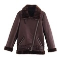 Dames donkerbruin imitatie lamswollen bikerjack met ritssluiting en tailleriem - XS / Bruin