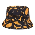 Black bucket hat with orange Halloween skull and pumpkin print on white background - M (56-58cm) / Black and Orange Halloween Pattern (M270—2)