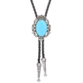 Vintage bolo tie with blue turquoise oval stone, silver crown frame and black leather cord - Light Blue