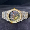 Close-up of hip hop mechanical watch with luxury iced out diamonds and skeleton dial - Two-tone (Gold & Silver)