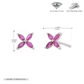 Detailed view of 925 sterling silver four-leaf flower studs with pink 5A zircons and dimensions - 925 Silver / 925 Silver Plated Platinum + Red Zirconia