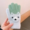 Winter knitted touchscreen gloves with green fingers and cute grey animal cartoon design - 3D Doll / Bear Green