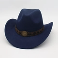 Detail of dark blue felt cowboy hat featuring a braided brown leather band and gold star buckle - One Size / Navy Blue