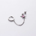 Titanium steel heart earring with pink zircon, silver wings, and pavé crystal chain link - Pink Heart Wing Hoop And Stud Integrated Chain Style (A010-6#)